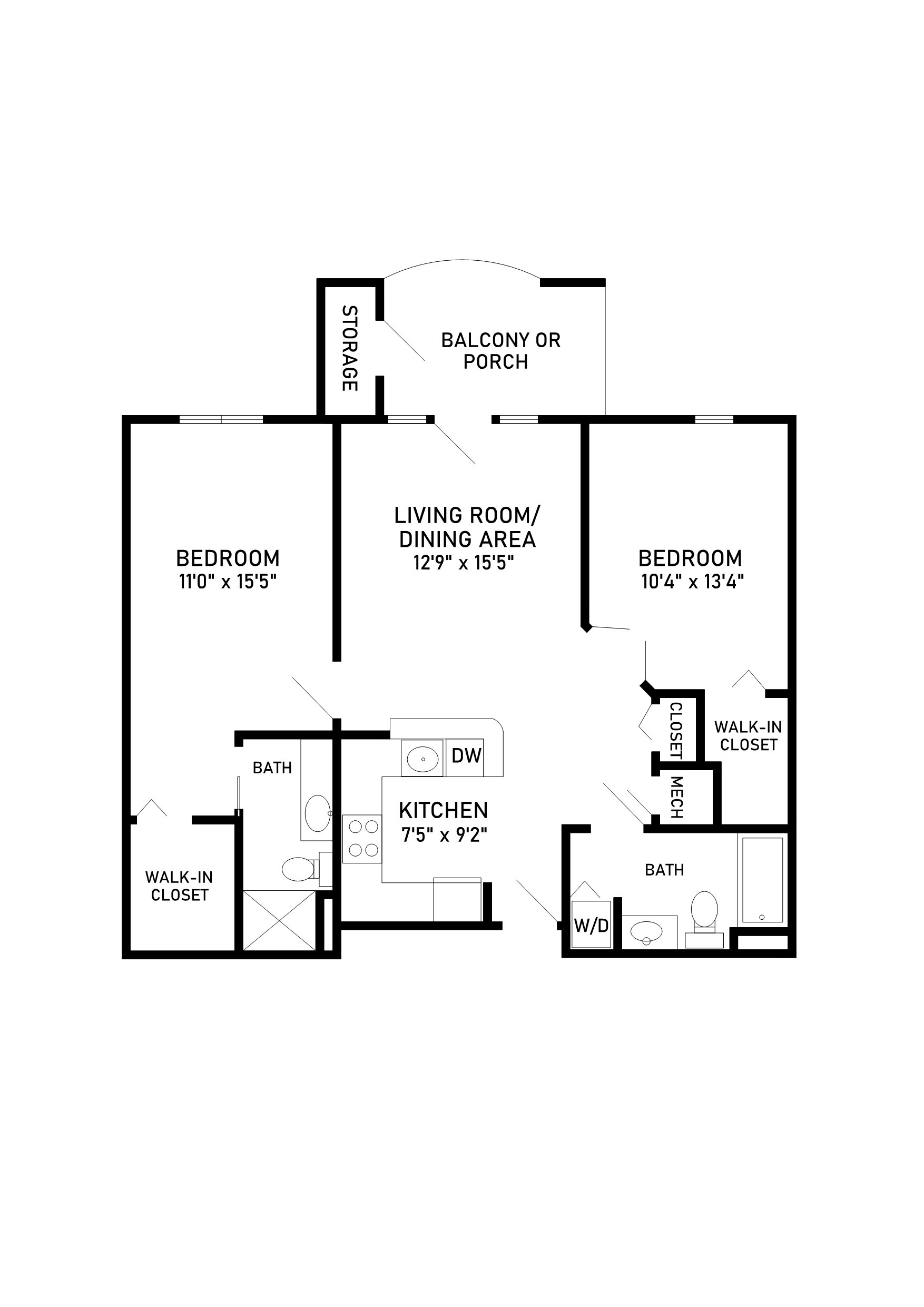 Crighton floor plan 2 bedroom 2 bathroom 990 square feet