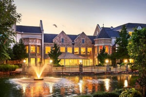 Inverness pond and fountain at dusk