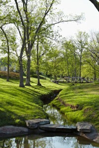 Stream in grassy area with walking trail in background