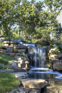 Waterfall shaded by trees