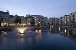 Inverness Village pond and fountain at dusk